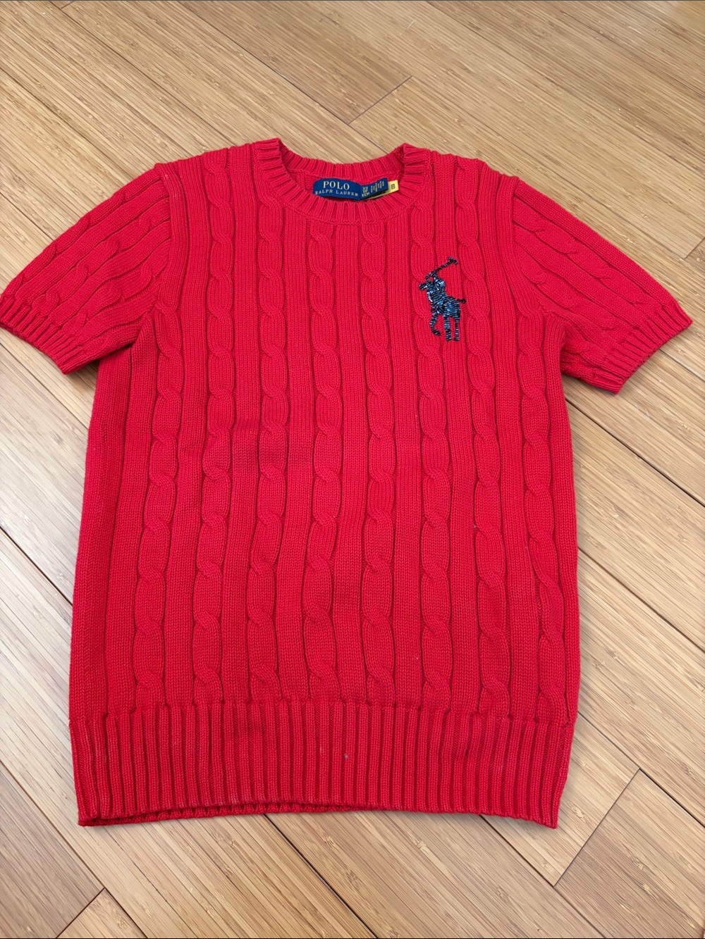Polo by Ralph Lauren Red Cable-Knit Short-Sleeve Sweater with Navy Pony